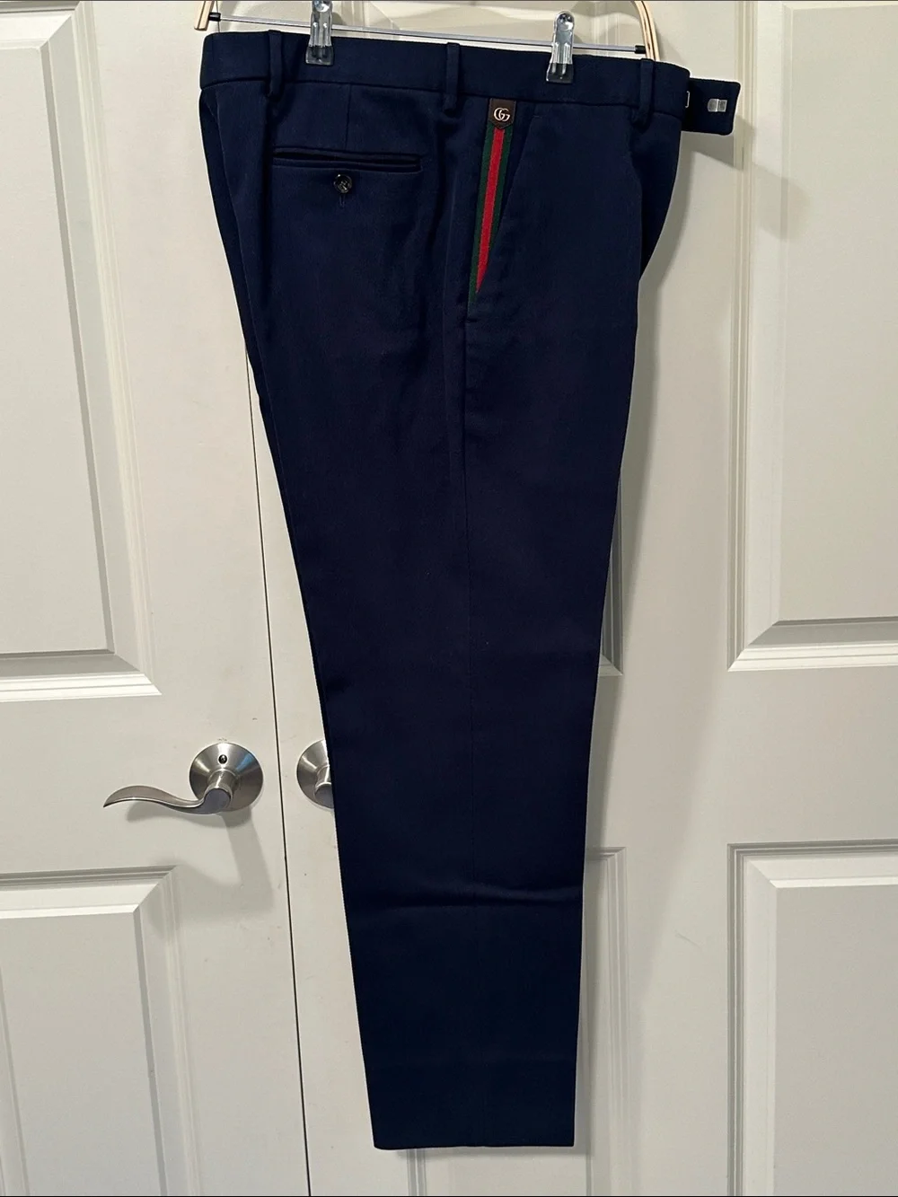 Gucci Men's Navy Dress Pants with Red and Green Trim